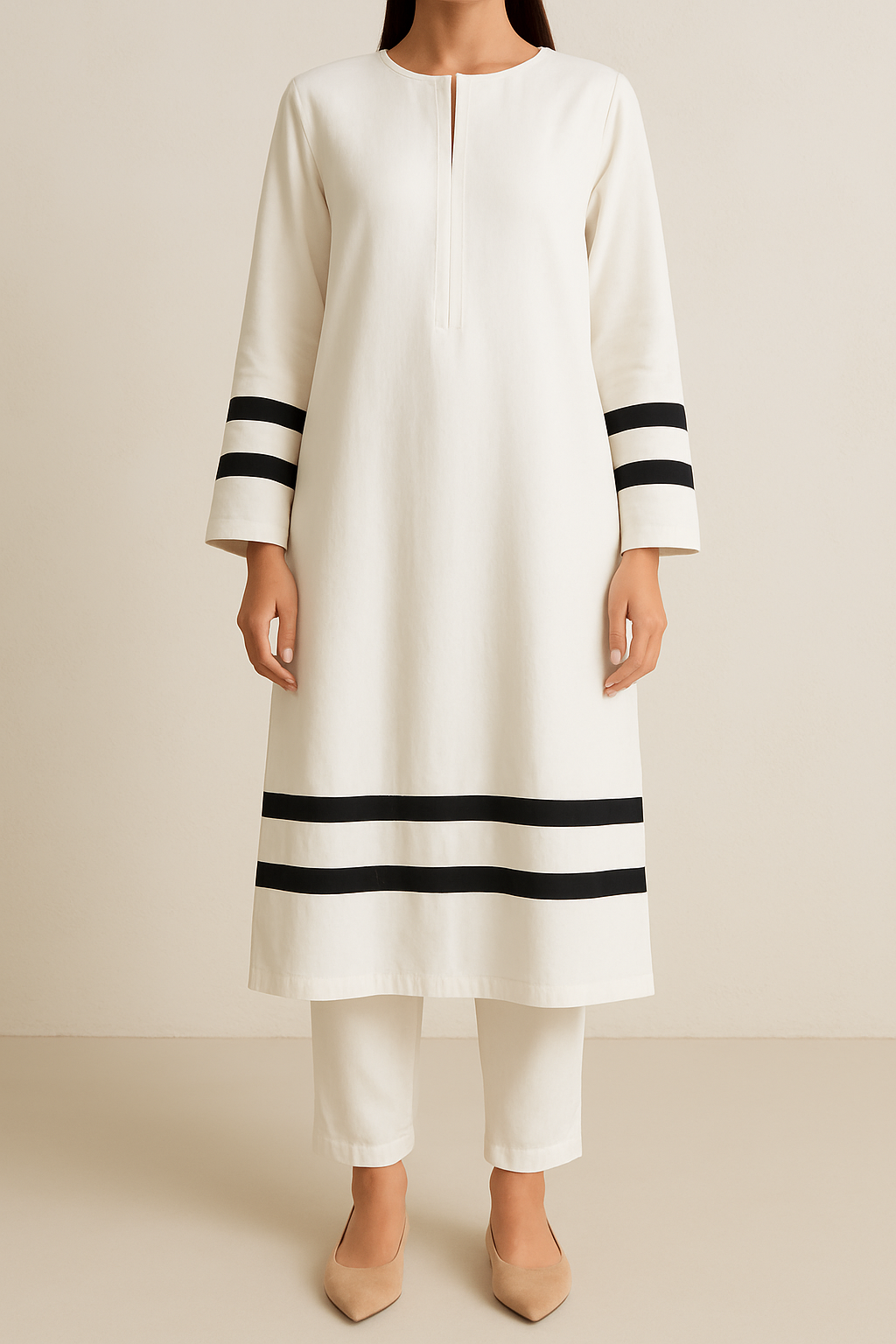 2PC Twin Stripe Kurta Trouser Co-ord Set Base: White
