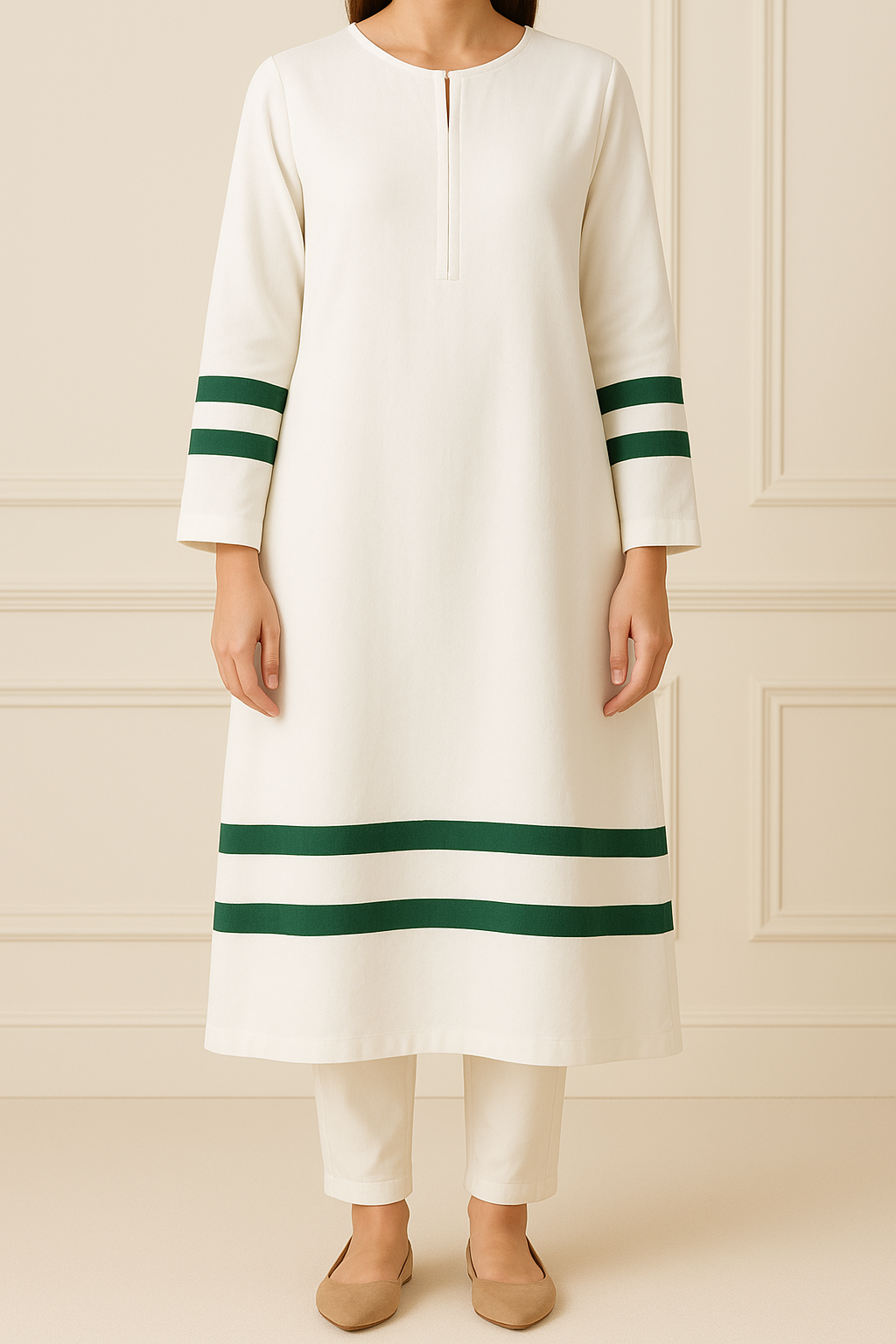 2PC Twin Stripe Kurta Trouser Co-ord Set Base: White