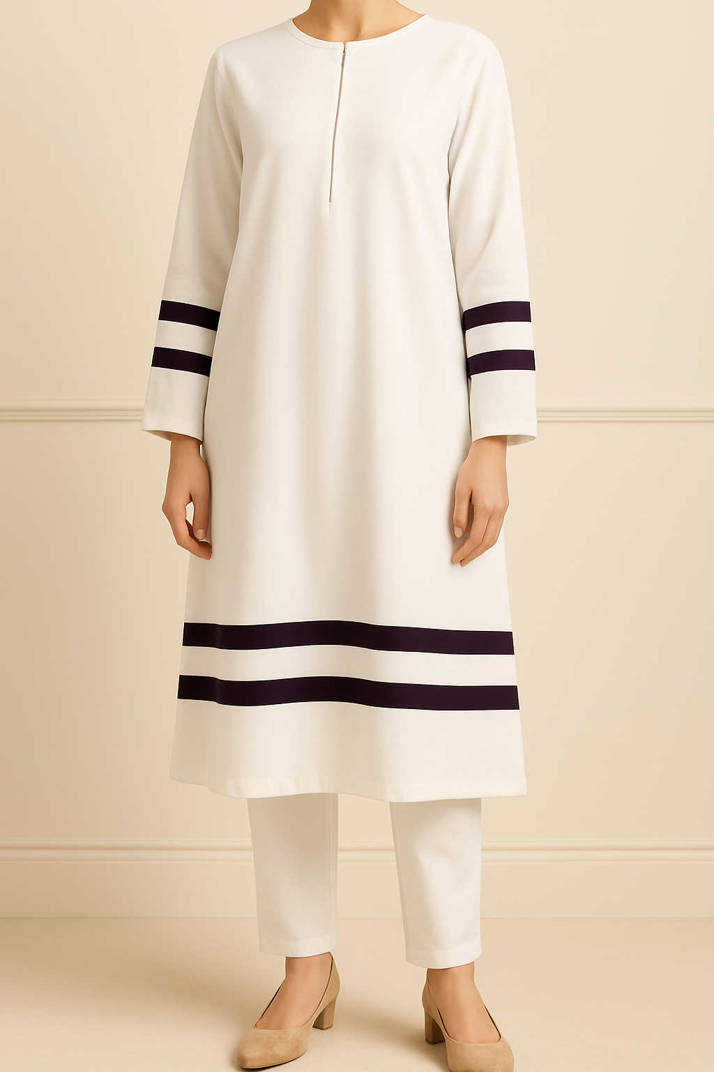 2PC Twin Stripe Kurta Trouser Co-ord Set Base: White