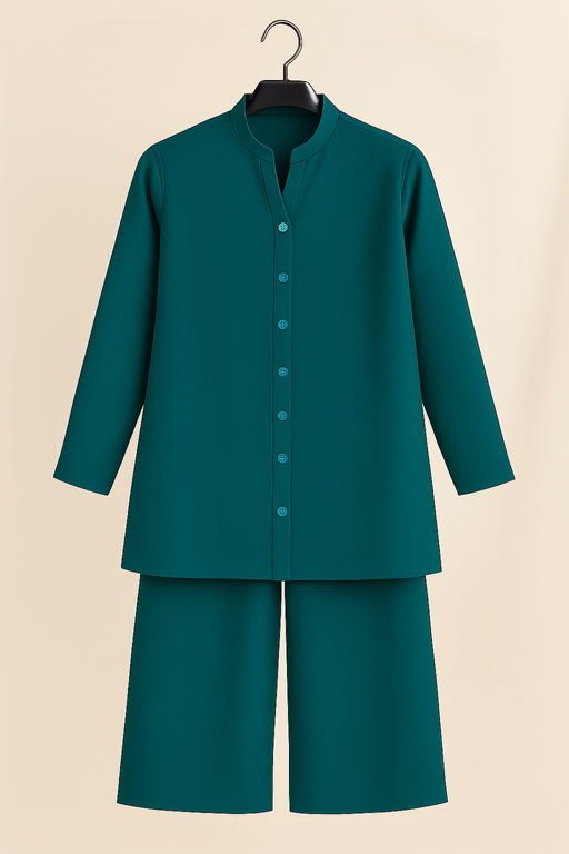 2PC coord set band collar front open shirt with palazzo loose fit teal