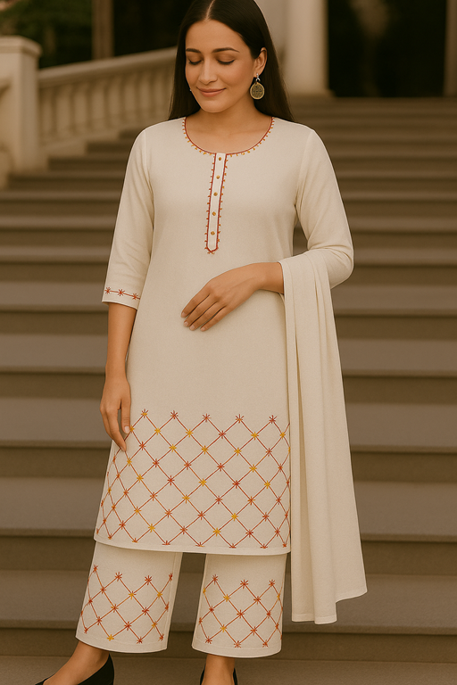 Linen Embroidery Work Kurta with Palazzo Trouser & Chiffon Dupatta ivory
