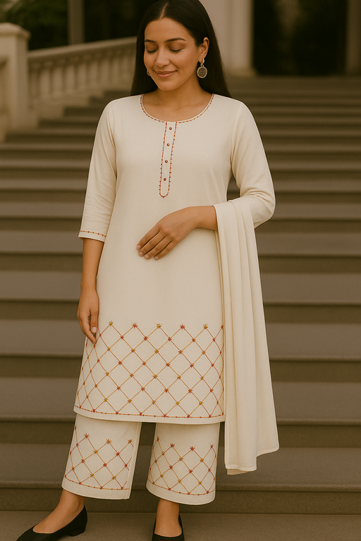 Linen Embroidery Work Kurta with Palazzo Trouser & Chiffon Dupatta white