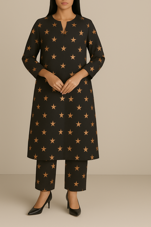 Linen Black Base with Copper Star Printed Kurta Trouser Co-ord Set 2PC