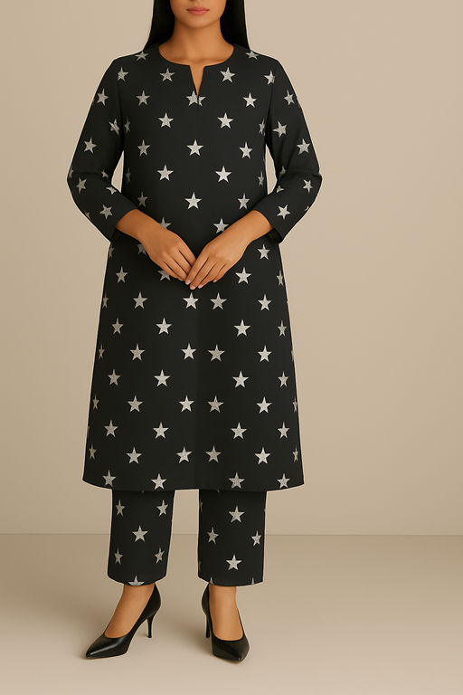 Linen Black Base with Silver Star Printed Kurta Trouser Co-ord Set 2PC