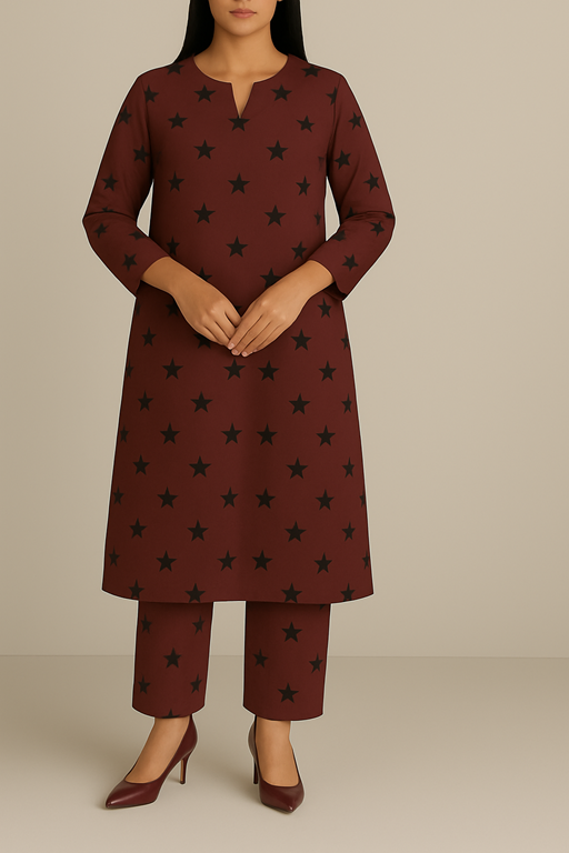 Linen maroon base with black print Kurta Trouser coord set 2 PC