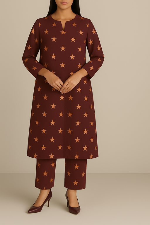 Linen maroon base with Brown print Kurta Trouser coord set 2 PC
