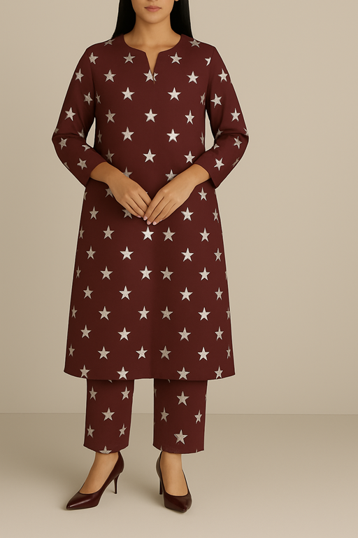 Linen maroon base with Silver print Kurta Trouser coord set 2 PC