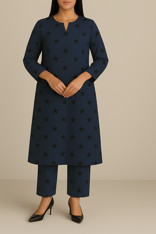Linen Navy Blue with black print Kurta trouser Co-ord set 2PC