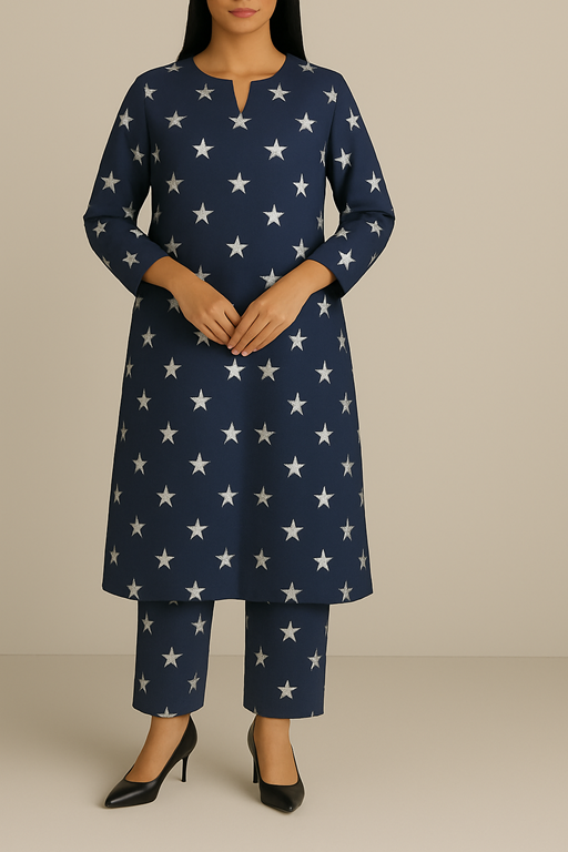 Linen Navy Blue Silver print Kurta trouser Co-ord set 2PC
