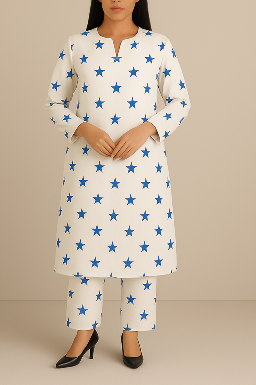 Linen White Base Blue Star Printed Kurta Trouser Co-ord Set