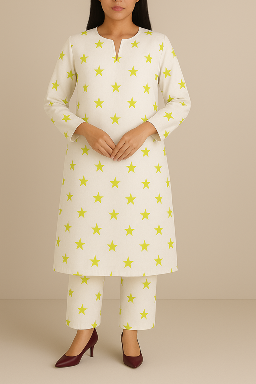 Linen White Base Lime Yellow Star Printed Kurta Trouser Co-ord Set