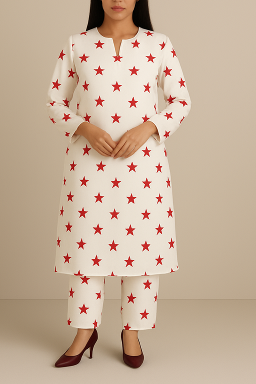Linen White Base Red Star Printed Kurta Trouser Co-ord Set