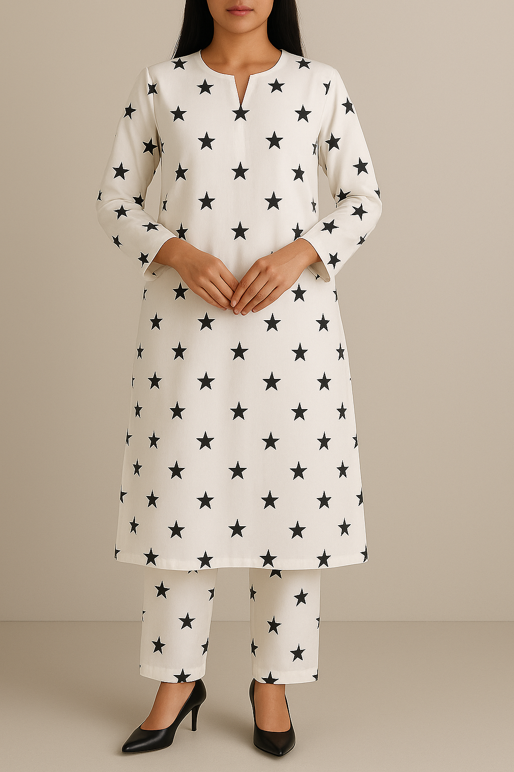 Linen White Base Black Star Printed Kurta Trouser Co-ord Set