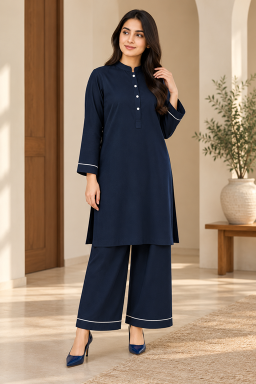 Linen band collared shirt and palazzo with piping navy blue