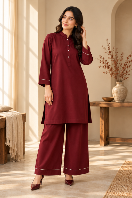 Linen full collared shirt and palazzo with piping maroon