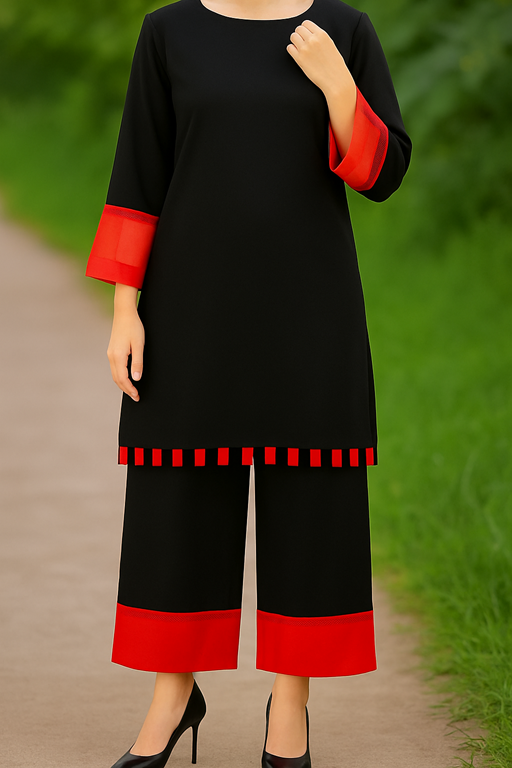 Linen Base Black with Red Organza Co-cord Set