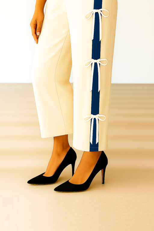 two coloured white palazzo with navy blue stripes and ribbon bows