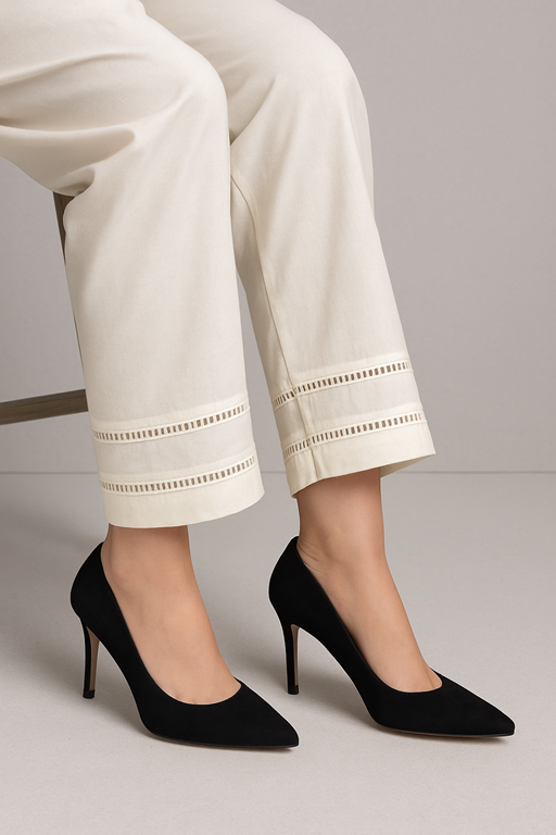 white cigarette trouser with embroidery lace on hems