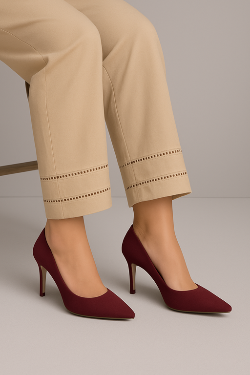 beige cigarette trouser with embroidery lace on hems