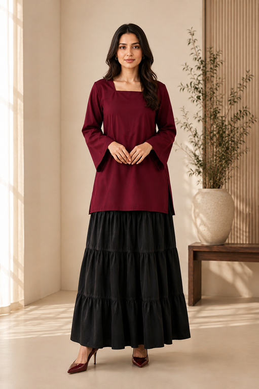 maroon mid size shirt with black tiered full length skirt for modest look