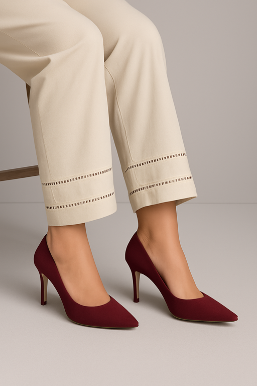 ivory cigarette trouser with embroidery lace on hems