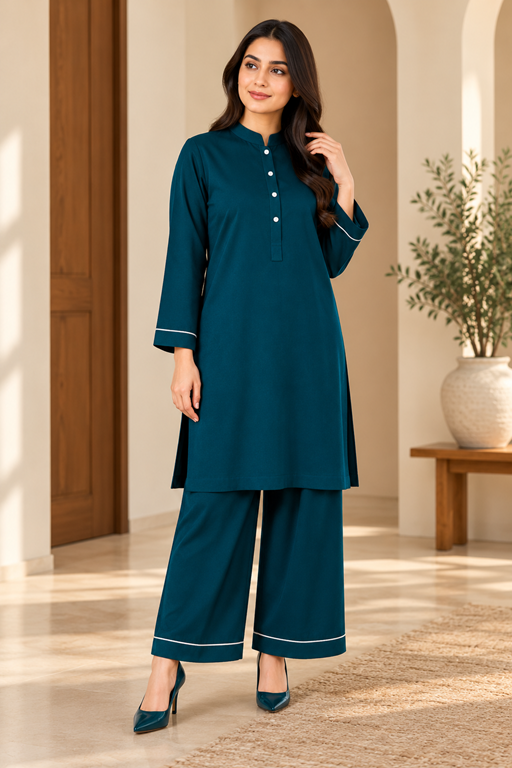 khaddar band collared shirt and palazzo with piping teal