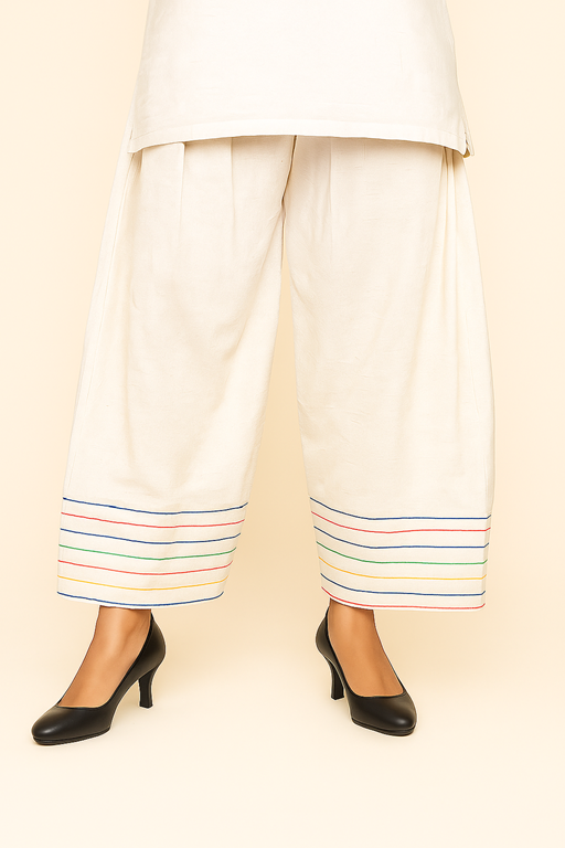 khaddar farshi shalwar with multi color embroidery thread base white