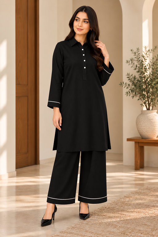 khaddar full collared shirt and palazzo with piping black