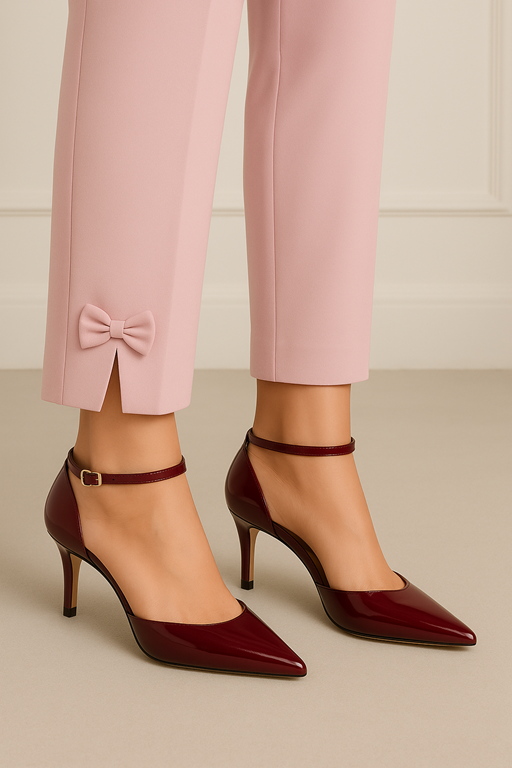 cigarette trouser pant with bow and cut work in light pink color