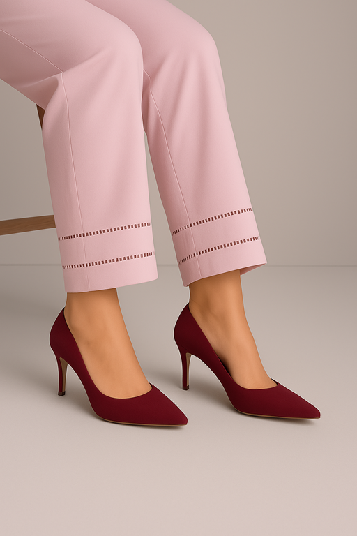 light pink cigarette trouser with embroidery lace on hems