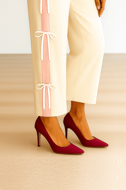 two coloured white palazzo with pink stripes and ribbon bows right side