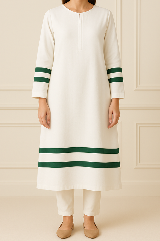 2PC Twin Stripe Kurta Trouser Co-ord Set Base: White