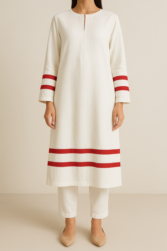 2PC Twin Stripe Kurta Trouser Co-ord Set Base: White