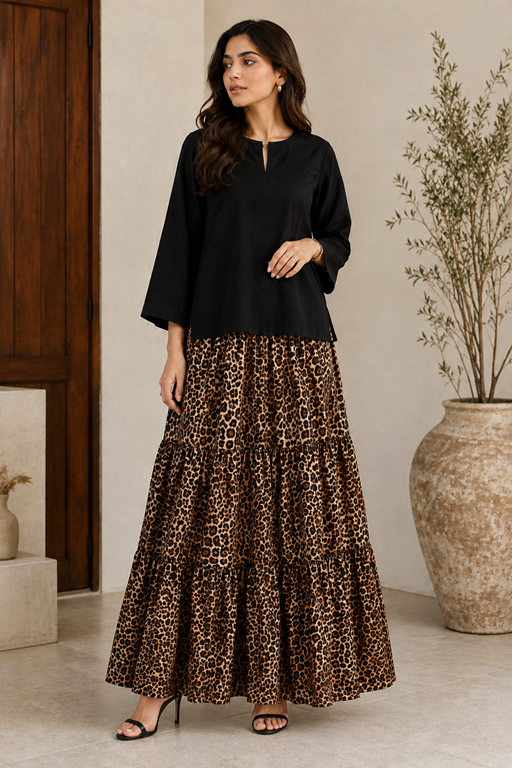 2PC Coord Set Shirt with Leopard Printed Skirt linen