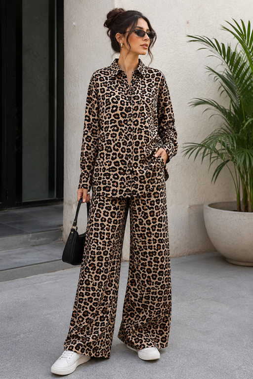 2PC Coord Set Shirt with Palazzo Leopard Printed Linen Aksewear