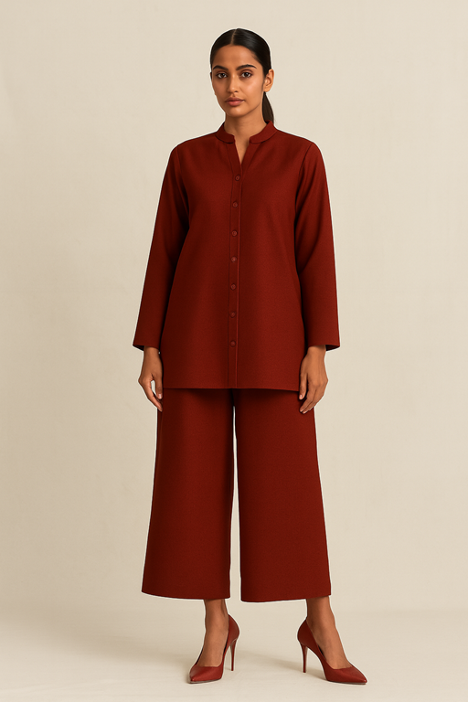 2PC coord set band collar front open shirt with palazzo loose fit maroon