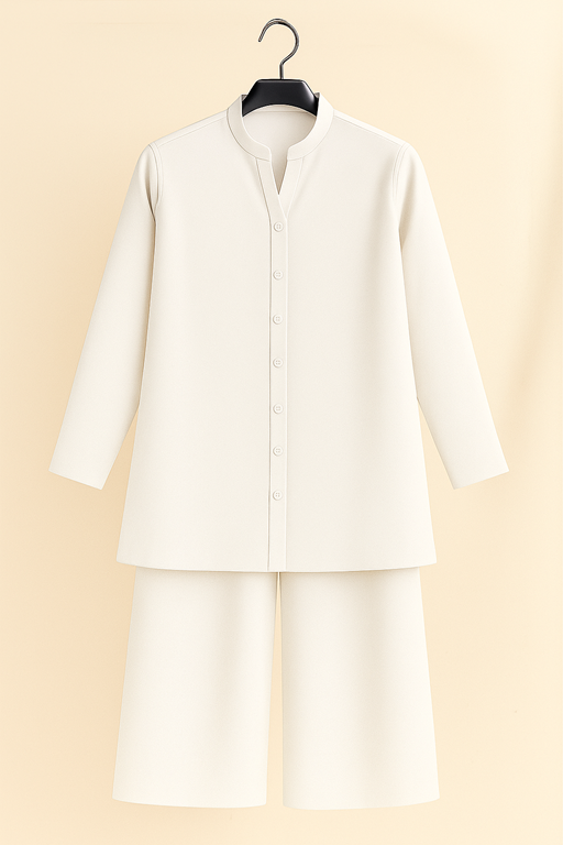 2PC coord set band collar front open shirt with palazzo loose fit white