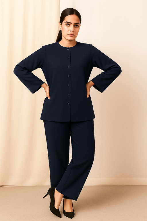 2 piece coord set button down round open shirt with palazzo loose fit navy blue color