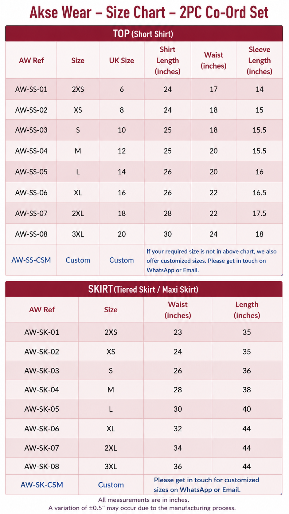 A size chart table for Akse Wear 2PC Co-Ord Set, showing measurements for both TOP (short shirt) and SKIRT (tiered shirt / mini shirt) in inches, with columns for AW Ref, Size, Size Up to, Shirt Length (inches), Waist (inches), and Sleeve (inches).