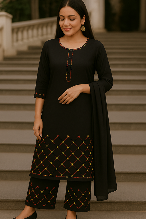 Linen Embroidery Work Kurta with Palazzo Trouser & Chiffon Dupatta black