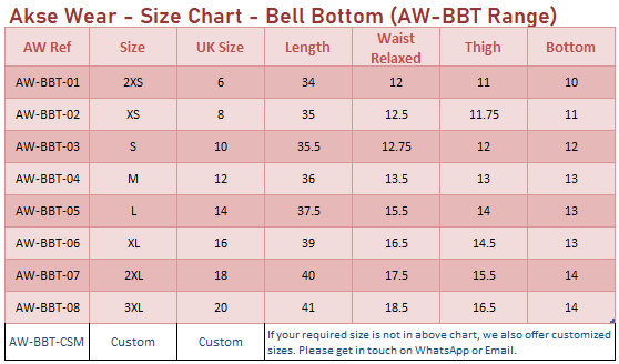 Size chart for Akse Wear bell bottom pants with measurements in centimeters.