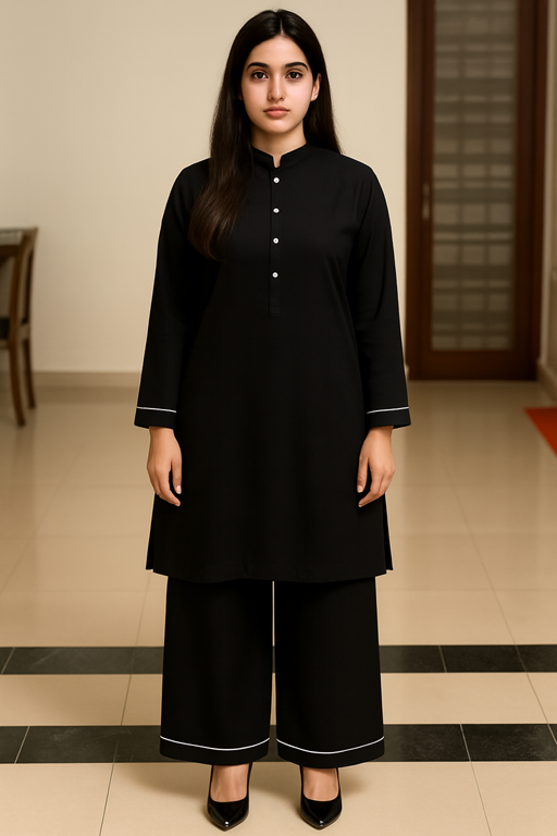 Linen band collared shirt and palazzo with piping black