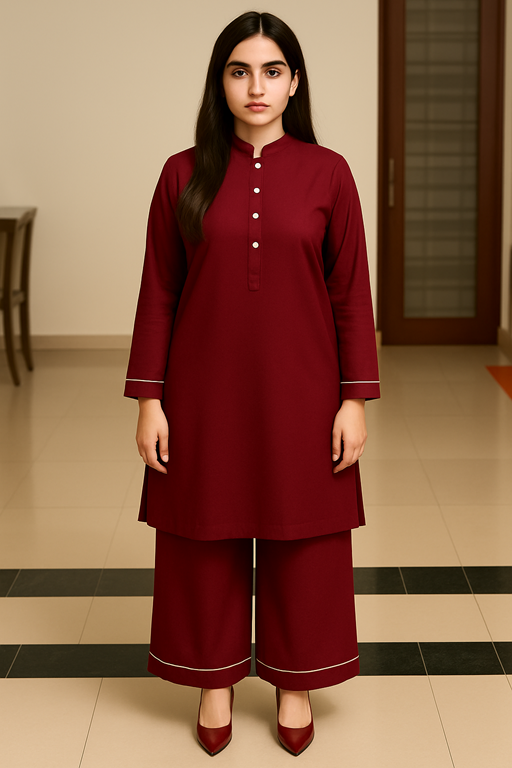 Linen band collared shirt and palazzo with piping maroon