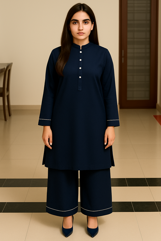 Linen band collared shirt and palazzo with piping navy blue