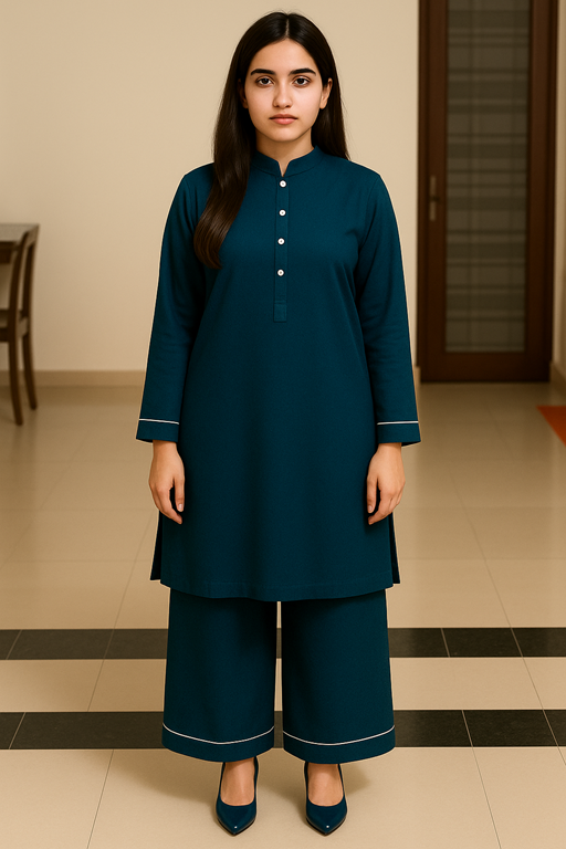 Linen band collared shirt and palazzo with piping teal