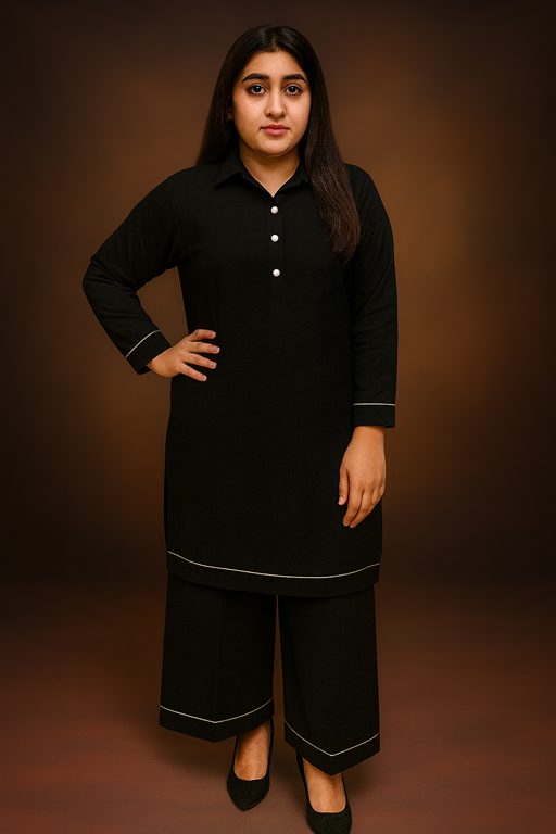 Linen full collared shirt and palazzo with piping black