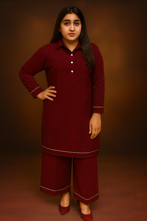 Linen full collared shirt and palazzo with piping maroon