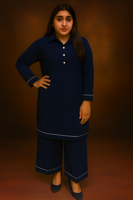 Linen full collared shirt and palazzo with piping navy blue