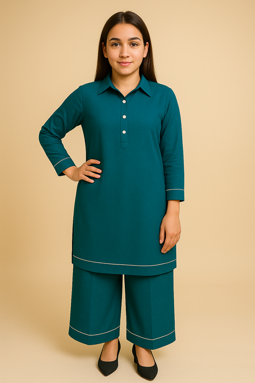 Linen full collared shirt and palazzo with piping teal