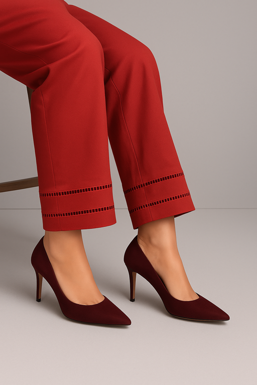 red cigarette trouser with embroidery lace on hems